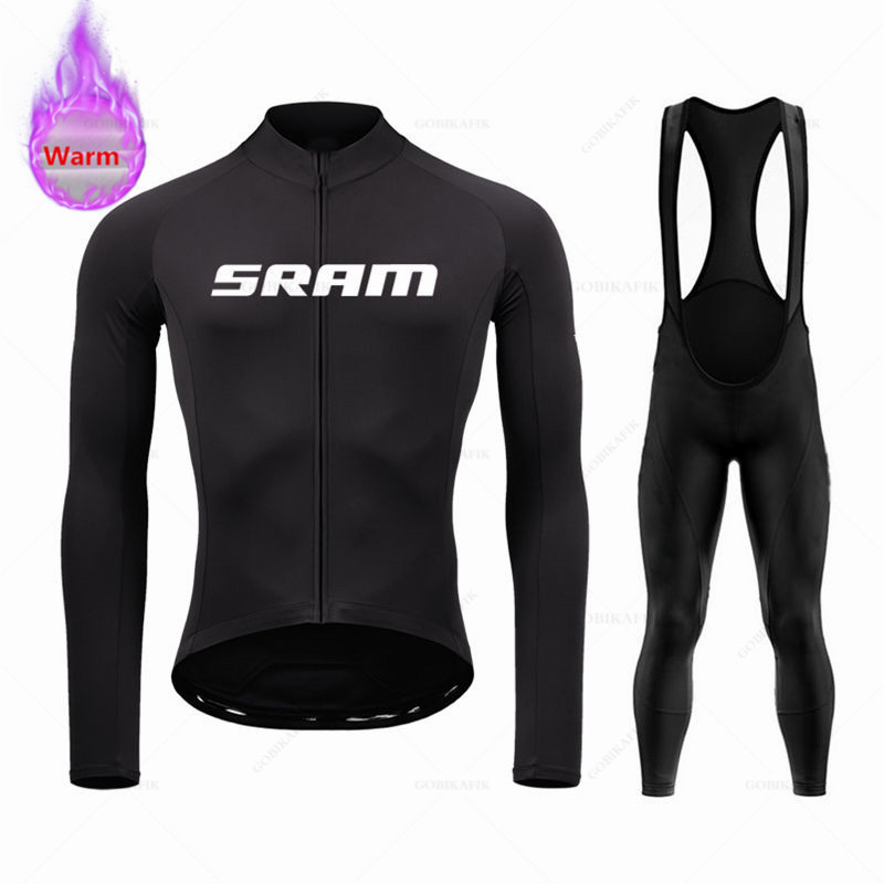 Mountain Biking Trousers - Sramチーム-サーマルフリースサイクリングウェアセット,マウンテンバイクユニフォーム,ビブパンツ,冬